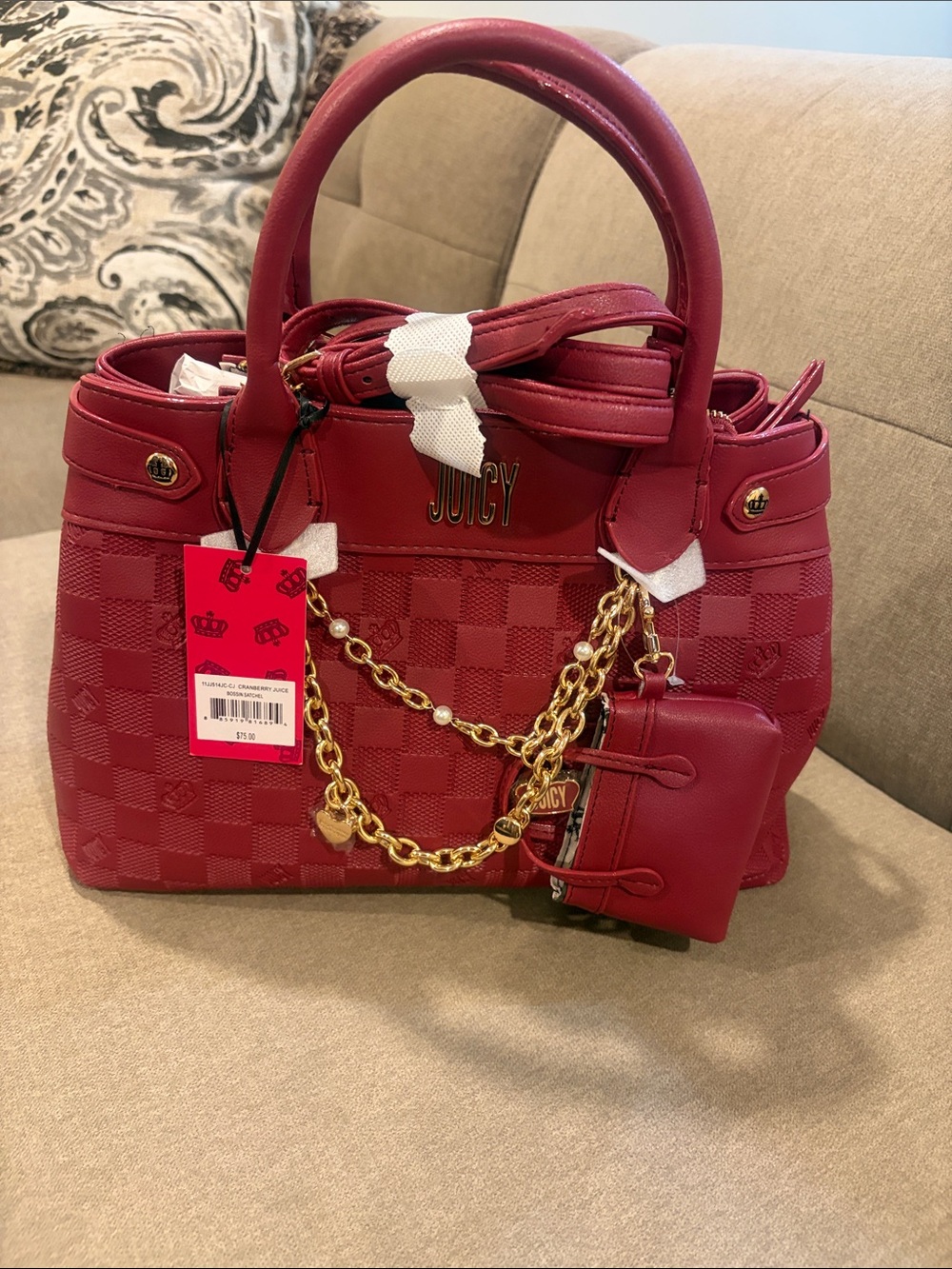 Juicy Couture Red Quilted Check Satchel with Gold Chain